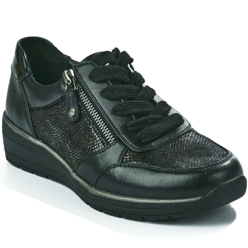 Chaussures Confort|LADY CONFORT Baskets Confort Femme Noir Effet Python