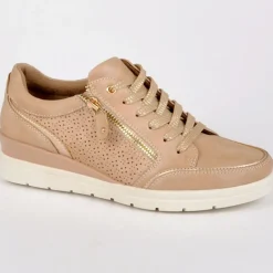 Chaussures Confort|LADY CONFORT Baskets Femme Avec Zip Nude En Cuir