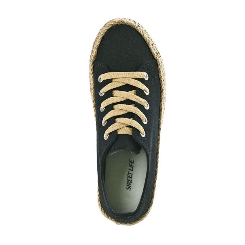 Baskets, Sneakers|STREET LIFE Baskets Femme En Toile Noire Semelle Corde