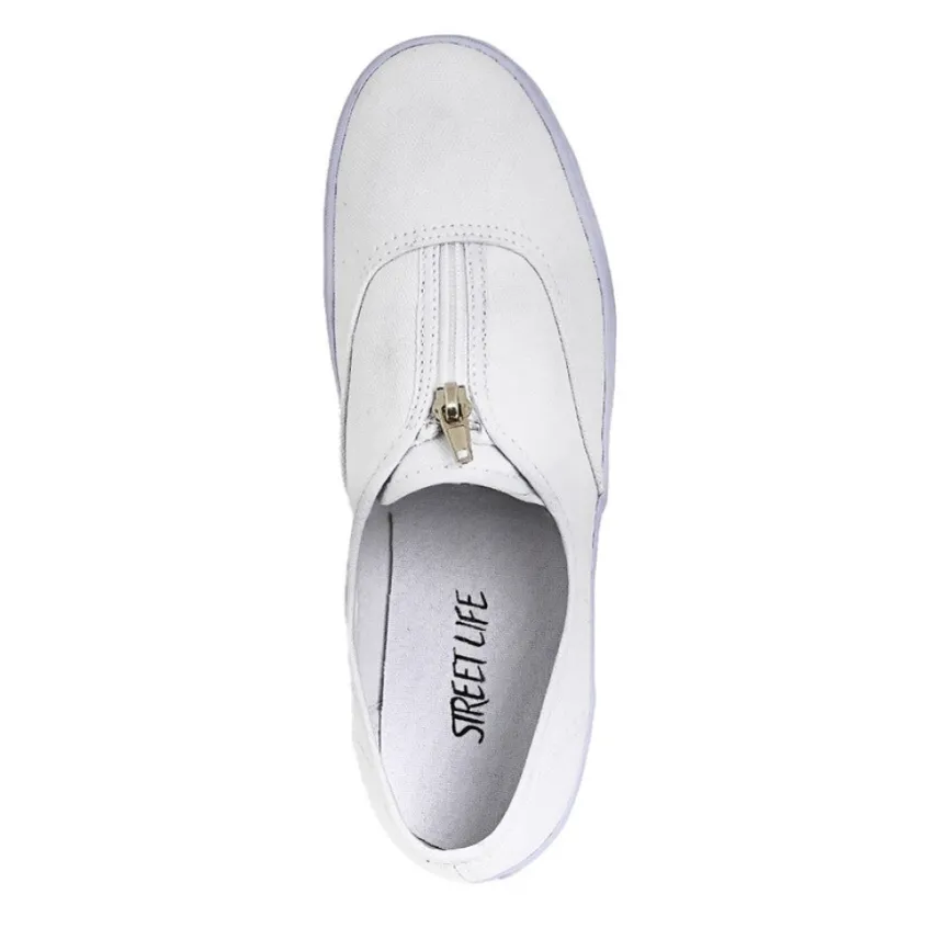 Baskets, Sneakers|STREET LIFE Baskets Tennis En Toile Blanche Avec Fermeture Eclair / Zip