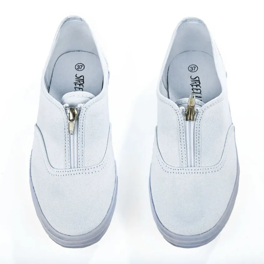 Baskets, Sneakers|STREET LIFE Baskets Tennis En Toile Blanche Avec Fermeture Eclair / Zip