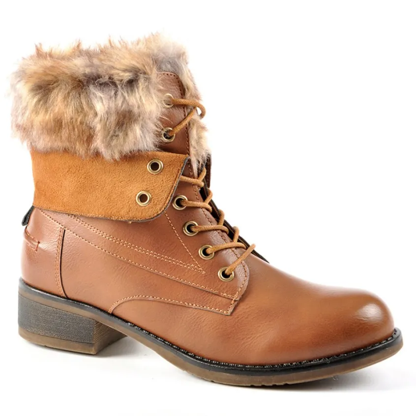 Boots, Bottines|VICE VERSA Bottines A Lacet Avec Col Fausse Fourrure Camel