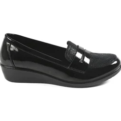 Chaussures Confort|LADY CONFORT Mocassins Compenses Femme Noir Vernis