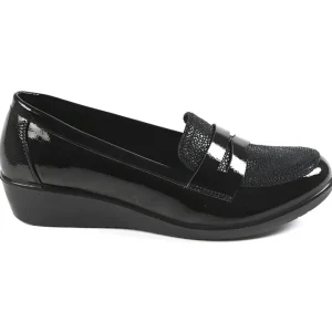 Chaussures Confort|LADY CONFORT Mocassins Compenses Femme Noir Vernis
