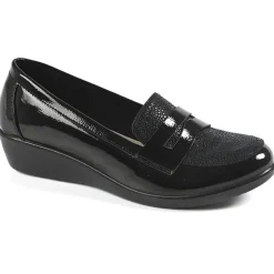 Chaussures Confort|LADY CONFORT Mocassins Compenses Femme Noir Vernis