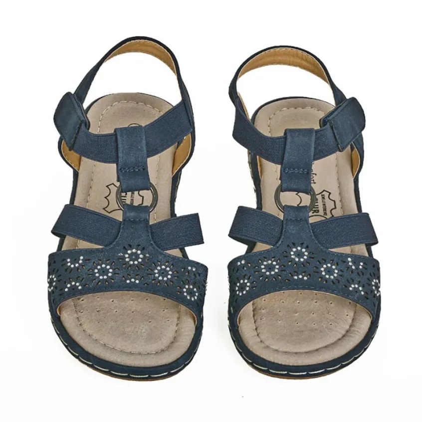 Chaussures Confort|LADY CONFORT Sandales Plates Femme Bleu Marine