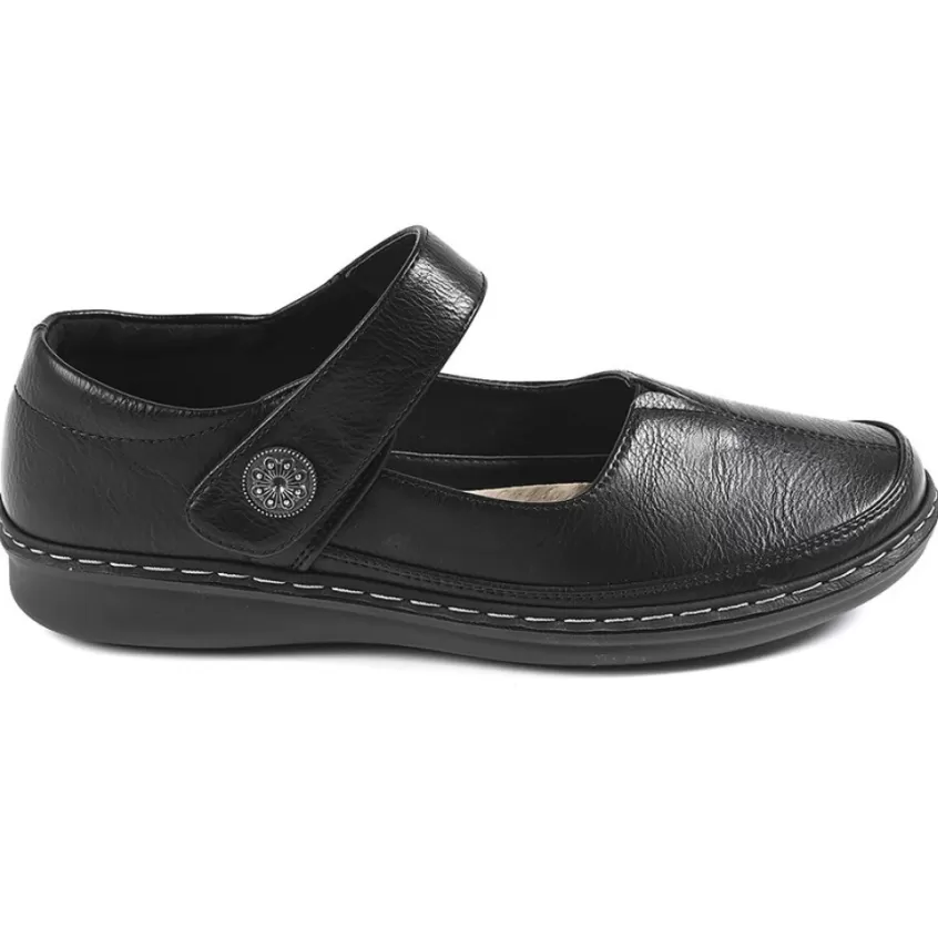 Chaussures Confort | LADY CONFORT Ballerines A Brides Femme Noir Avec Boutons Fantaisies