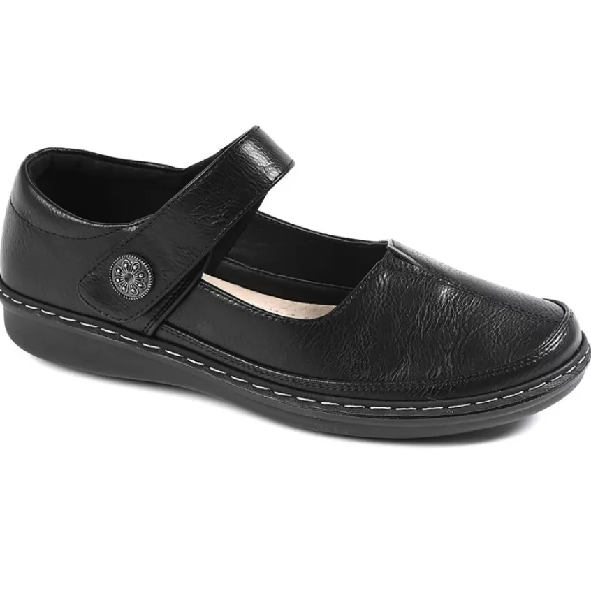 Chaussures Confort | LADY CONFORT Ballerines A Brides Femme Noir Avec Boutons Fantaisies