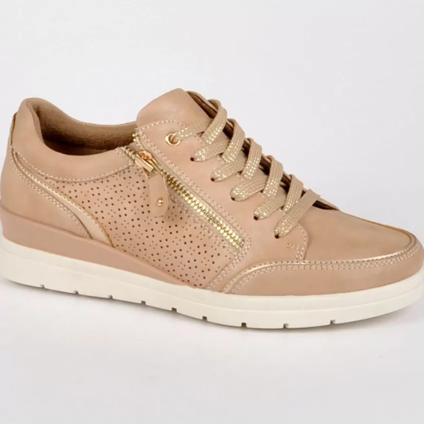 Chaussures Confort | LADY CONFORT Baskets Femme Avec Zip Nude En Cuir