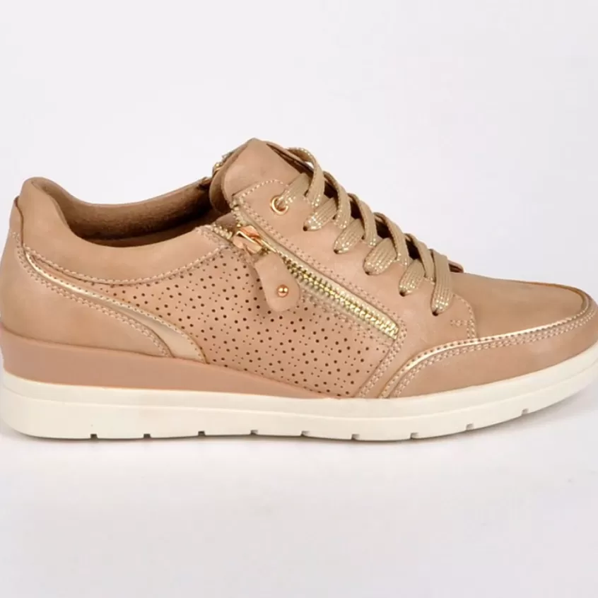 Chaussures Confort | LADY CONFORT Baskets Femme Avec Zip Nude En Cuir