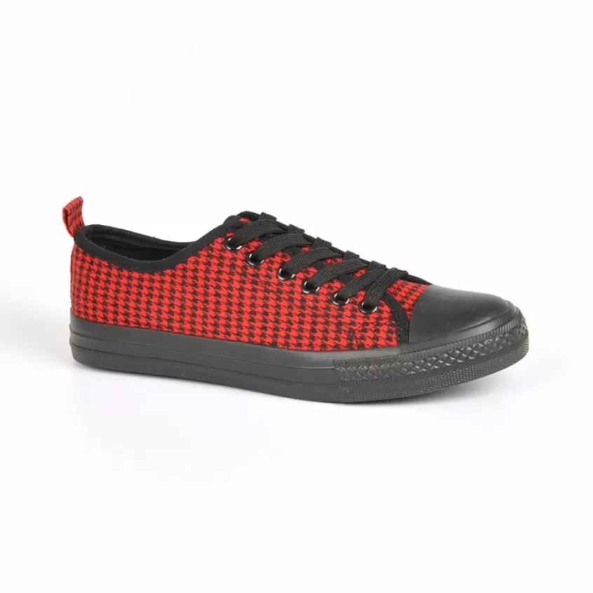 Baskets, Sneakers | STREET LIFE Baskets Femme En Toile Rouge Imprime Pied De Poule