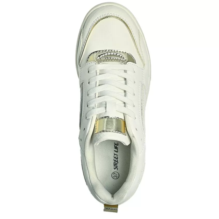 Baskets, Sneakers | STREET LIFE Baskets Plateforme Femme Blanc Et Dore