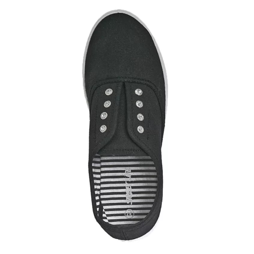 Baskets, Sneakers | STREET LIFE Baskets Tennis Femme En Toile Noire Avec Strass