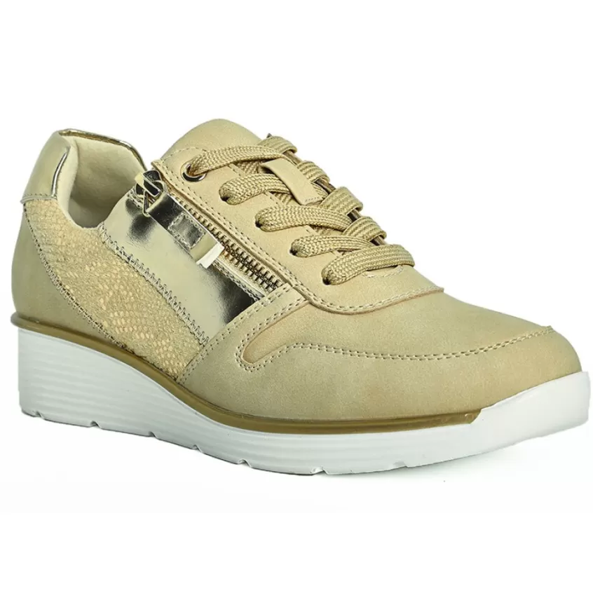 Chaussures Confort | LADY CONFORT Baskets Zippees Femme Beige Effet Python