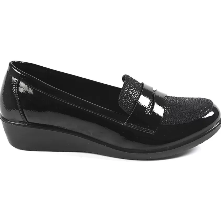 Chaussures Confort | LADY CONFORT Mocassins Compenses Femme Noir Vernis