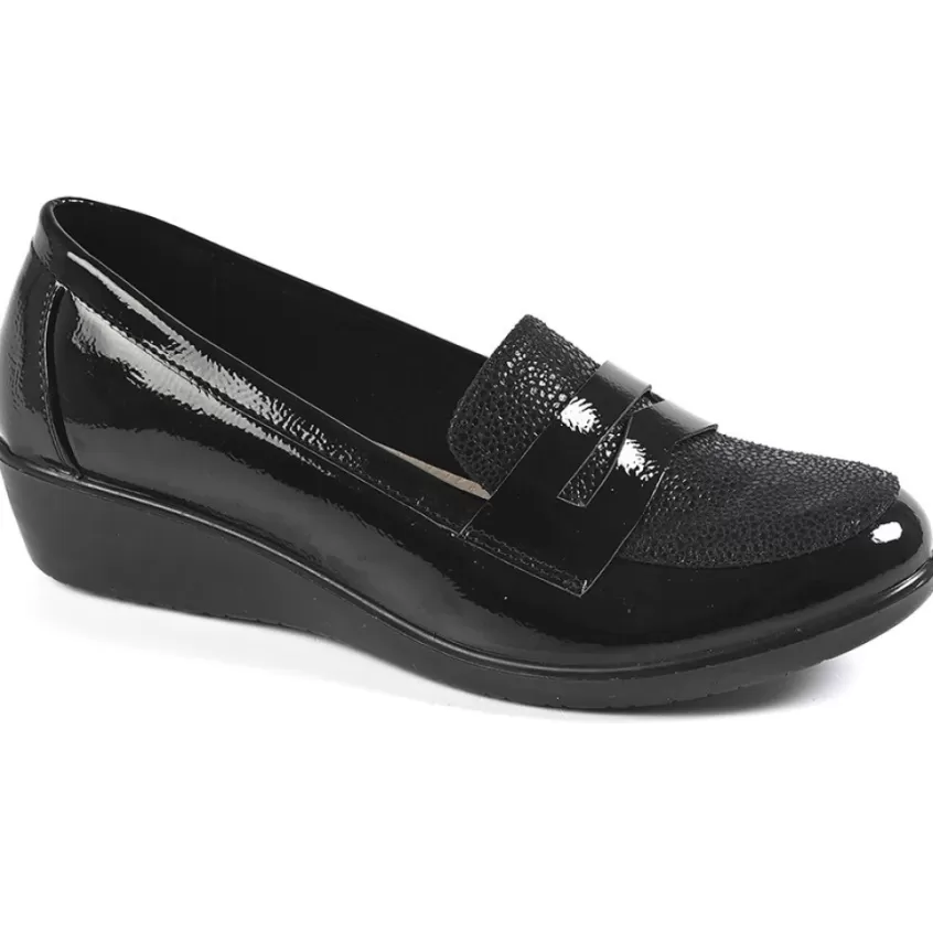 Chaussures Confort | LADY CONFORT Mocassins Compenses Femme Noir Vernis