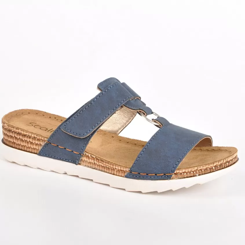 Chaussures Confort | SCALINA Mules Femme Compensees A Boucles Metalliques Bleu Marine