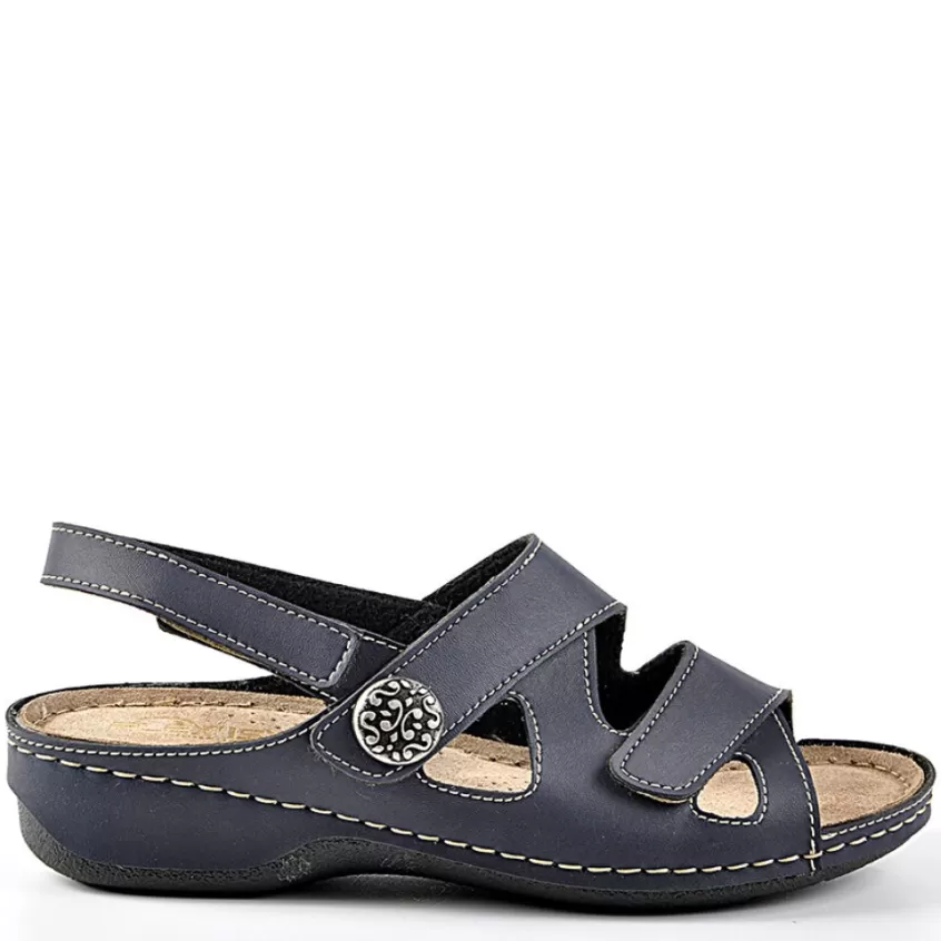Chaussures Confort | LADY CONFORT Sandales A Talons Avec Boutons Fantaisies Bleu Marine
