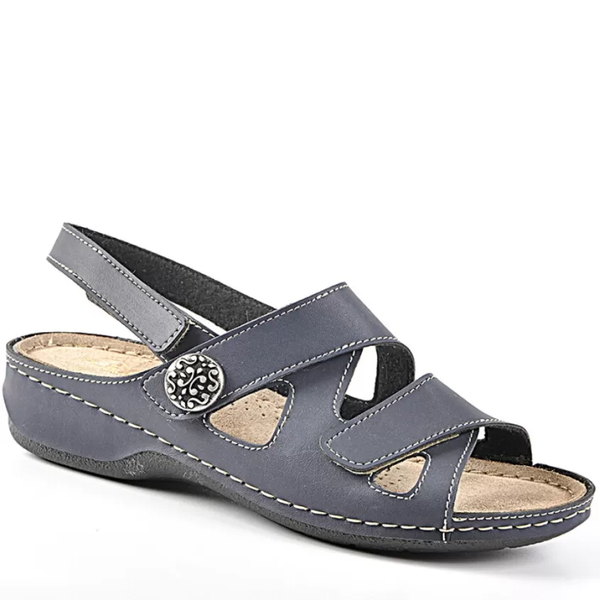 Chaussures Confort | LADY CONFORT Sandales A Talons Avec Boutons Fantaisies Bleu Marine