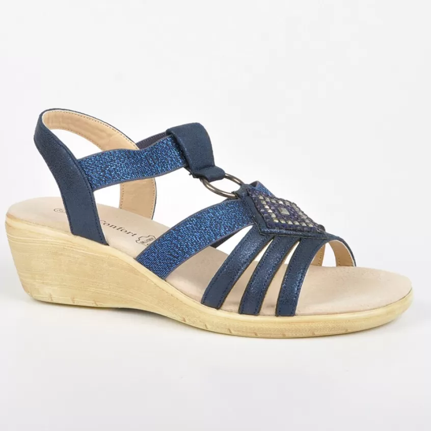 Chaussures Confort | LADY CONFORT Sandales Compensees Avec Strass Bleu Marine
