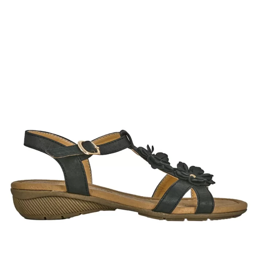 Chaussures Confort | SCALINA Sandales Confort A Talons Femme Noir A Fleurs