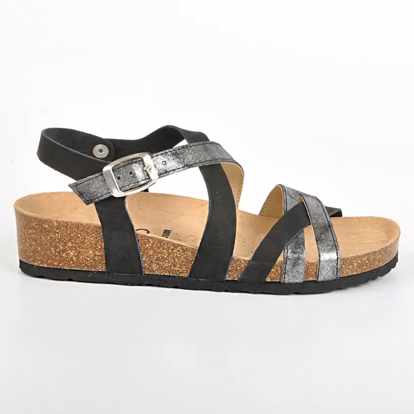 Chaussures Confort | SCALINA Sandales Femme Compensees Noir Et Gris